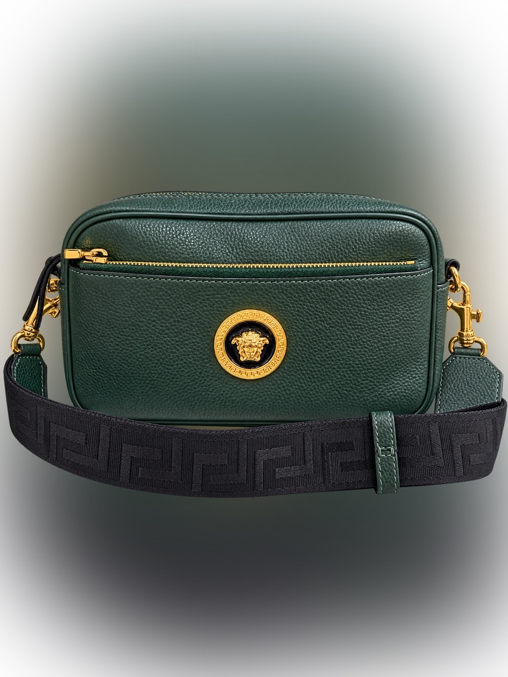 Versace Medusa Dark Green Grained Leather Crossbody or Belt Bag EUC Unisex COA